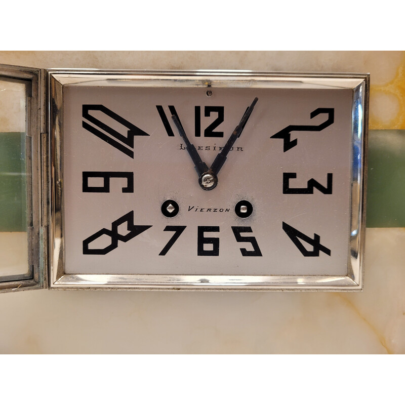 Relógio com decoração Art Deco vintage em mármore e bronze de L. Lesieur,  França 1940