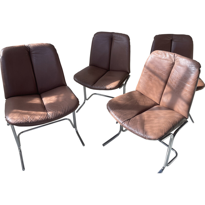 Ensemble de 4 chaises vintage en cuir brun chocolat et chrome par Tim Bates  pour Pieff,