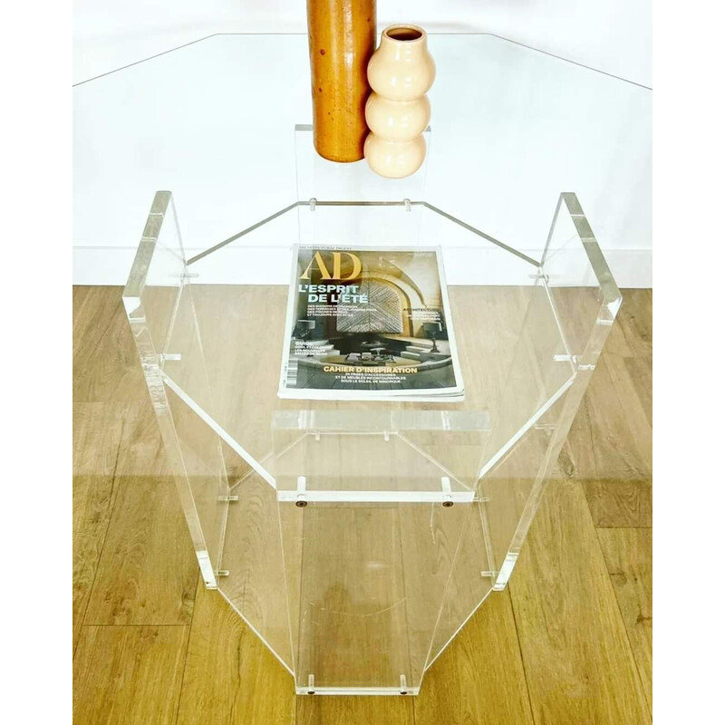 Table à repas vintage octogonale en verre et plexi pour Marais  International, France 1990
