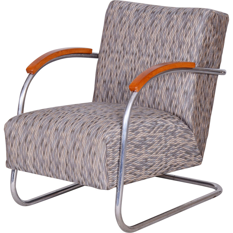 Cadeira de braços Bauhaus vintage em aço cromado e faia para Mücke-Melder,  Checoslováquia 1930