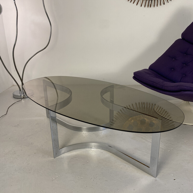Vintage Ellipse coffee table in chromed steel and smoked glass by Paul  Legeard, France 1960
