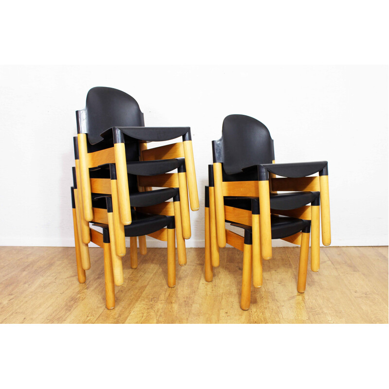 Set of 7 vintage Flex 2000 beechwood and plastic chairs by Gerd Lange for  Thonet, 1980