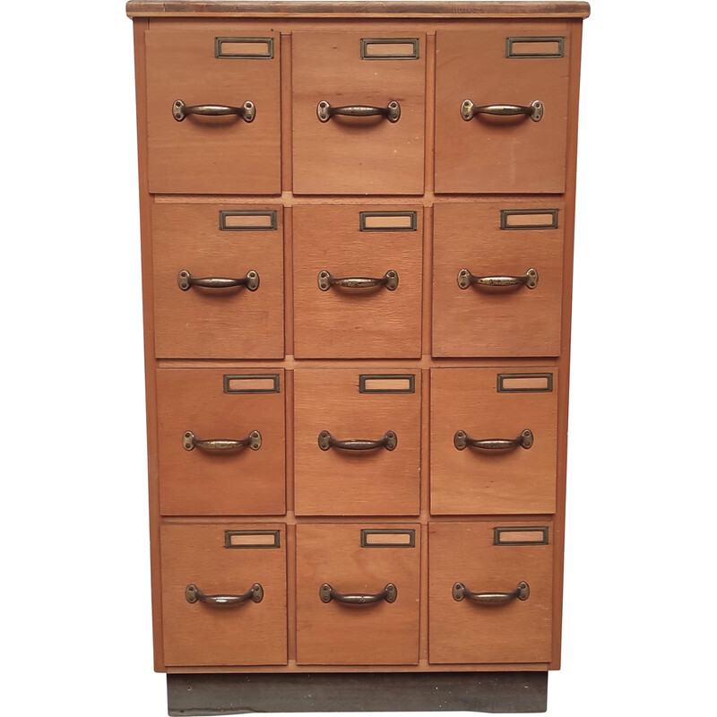 Armário de oficina vintage em madeira maciça com 12 gavetas