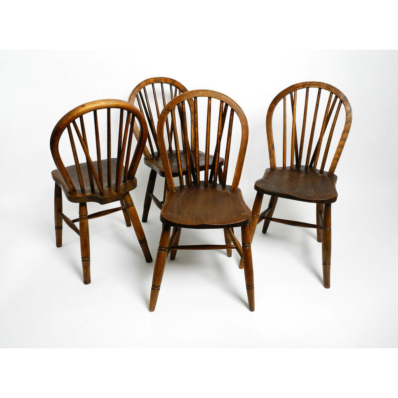 Conjunto de 4 cadeiras Windsor inglesas vintage em madeira de faia e olmo,  1930