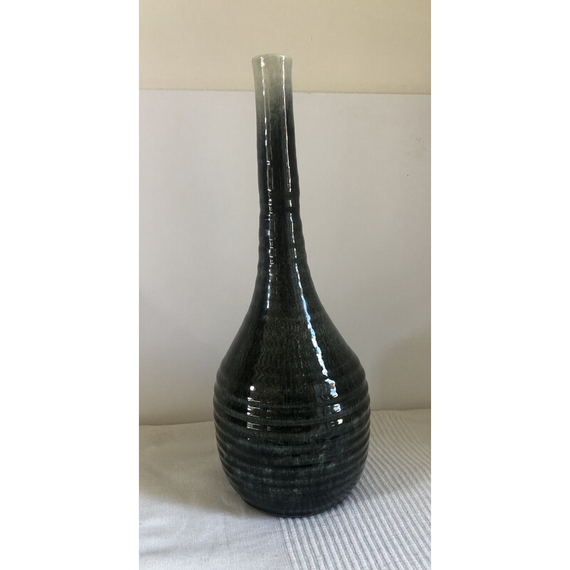 Vintage Accolay ceramic vase with grey-black-green gradient speckled pattern