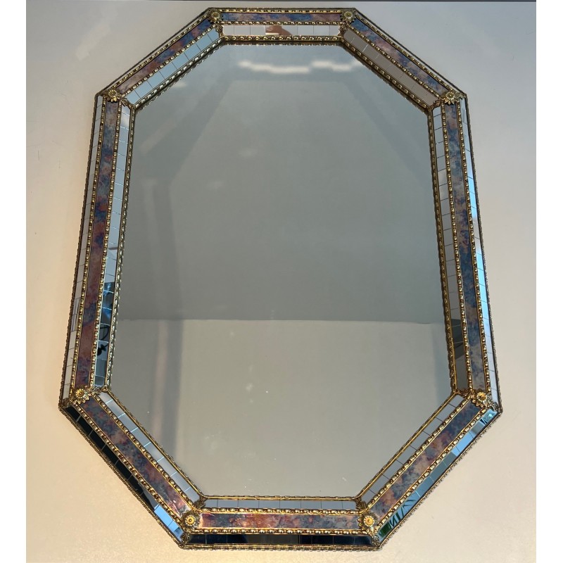 Miroir vintage rectangulaire constitué de miroirs multi-facettes et  guirlandes de Laiton, France 1970