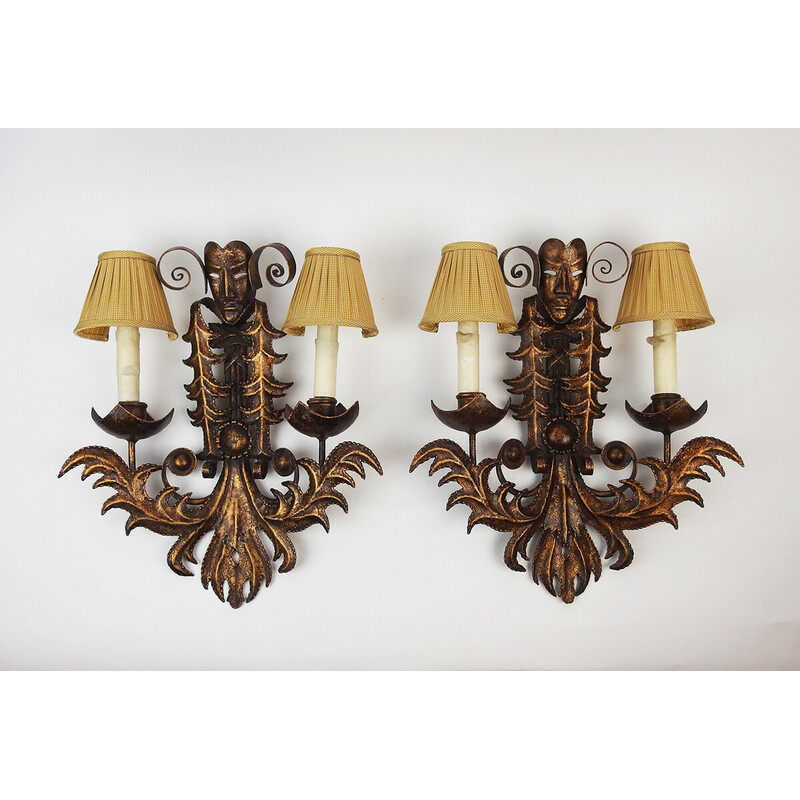 Pair of vintage golden wrought iron wall lights "Venetian Mask", France 1970