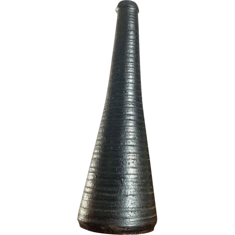 Vintage conical vase in black glazed earth with ringed pattern