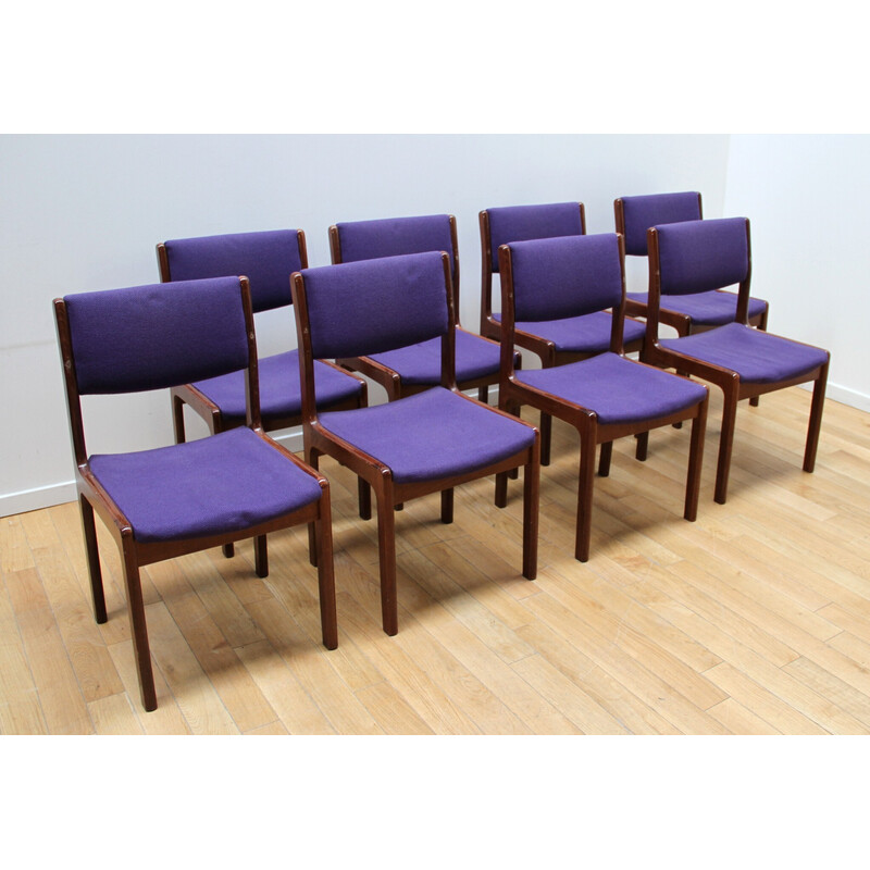Lot de 8 chaises à repas vintage en bois vernis et laine violette