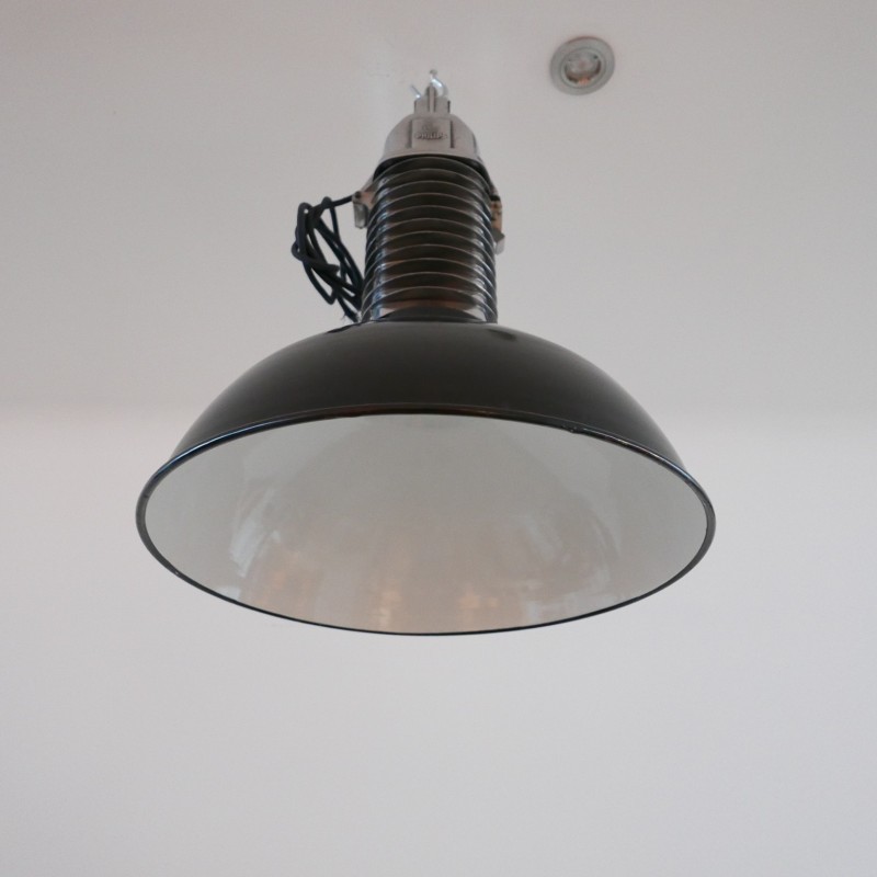 Coppia di lampade a sospensione industriali vintage in alluminio fuso per  Philips, Paesi Bassi 1950