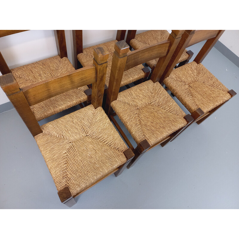 Set of 6 vintage chairs in solid oak wood and straw, 1960