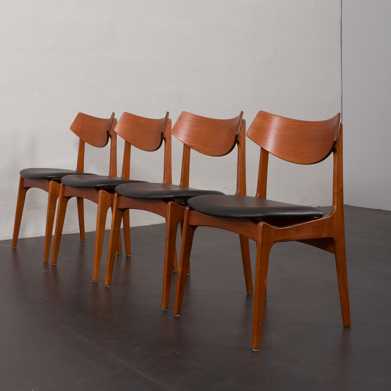 Ensemble de 4 chaises à repas vintage en teck et cuir aniline noir par  Funder-Schmidt