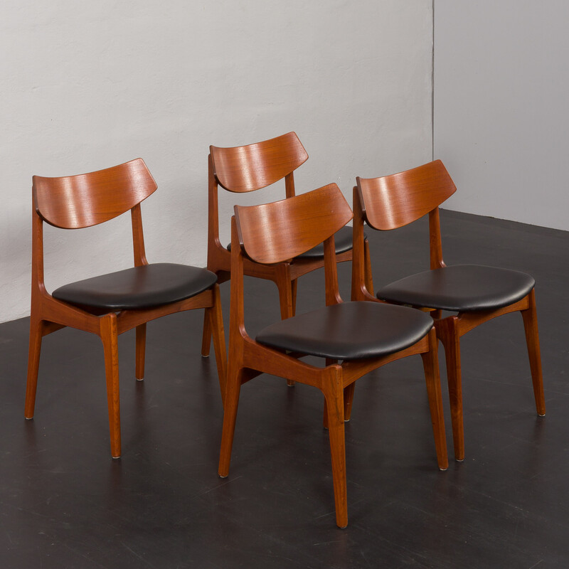 Ensemble de 4 chaises à repas vintage en teck et cuir aniline noir par  Funder-Schmidt