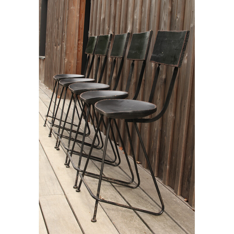 Lot de 5 chaises de bar vintage en bois et métal laqué noir