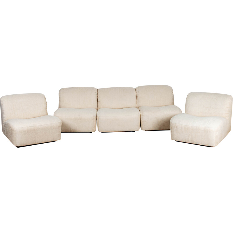 Set of 5 vintage "Deca" modular armchairs in wood and fabric by Tito Agnoli  for Arflex, 1960