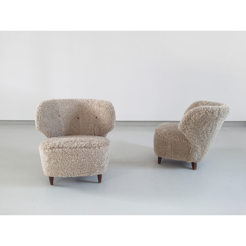 Paire de fauteuils vintage en peau de mouton de Carl-Johan Boman pour Oy  Boman Ab,