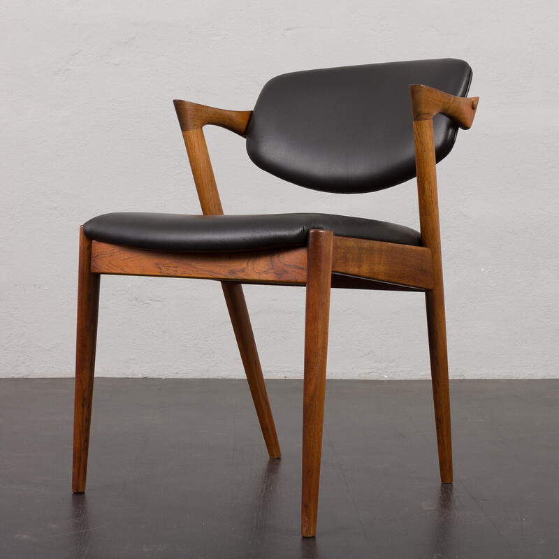 Chaise vintage modèle 42 en palissandre et cuir aniline noir par Kai  Kristiansen pour Schou Andersenen,