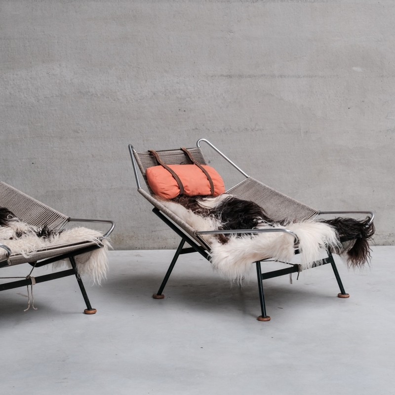 Coppia di sedie lounge vintage di Hans Wegner Flag Halyard per Getama,  Danimarca 1950