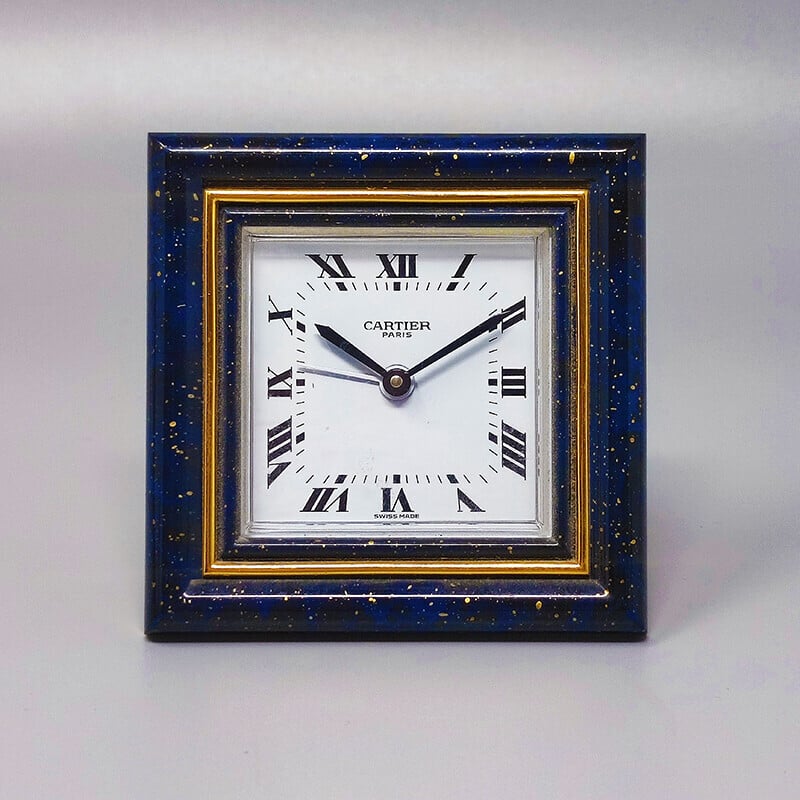 Vintage alarm clock in lapis lazuli and gold metal for Cartier Switzerland 1980