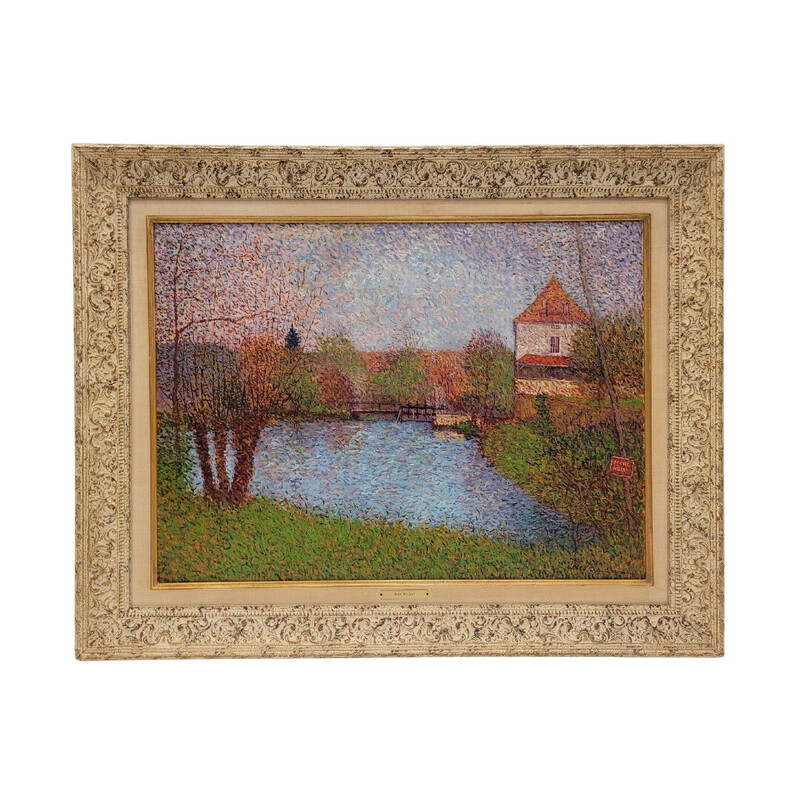 Vintage painting representing a peaceful scene on the banks of the Yonne by Jean Vollet