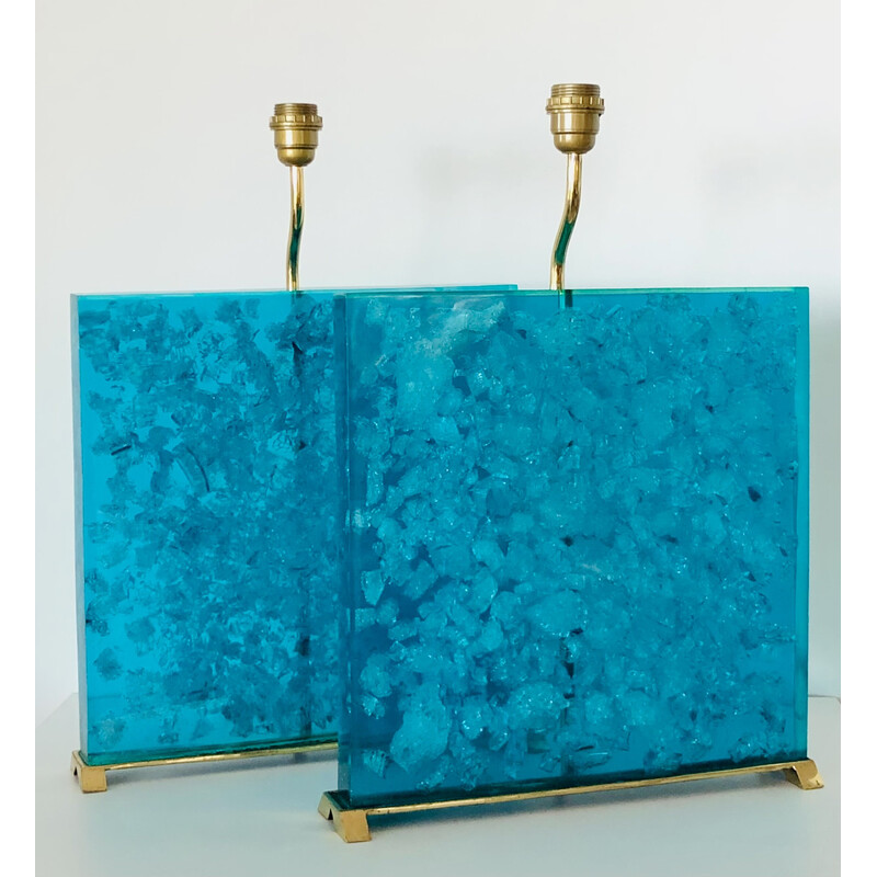 Paire de pieds de lampe vintage en résine fractale bleu turquoise et laiton, Italie 1980