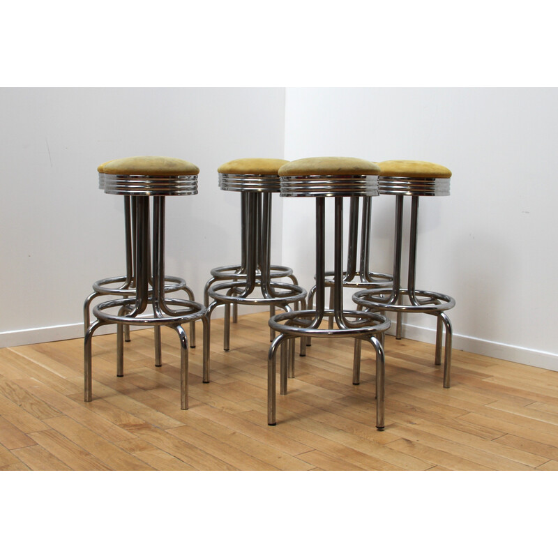Set of 7 retro vintage bar stools in chrome metal and yellow velvet, 1950
