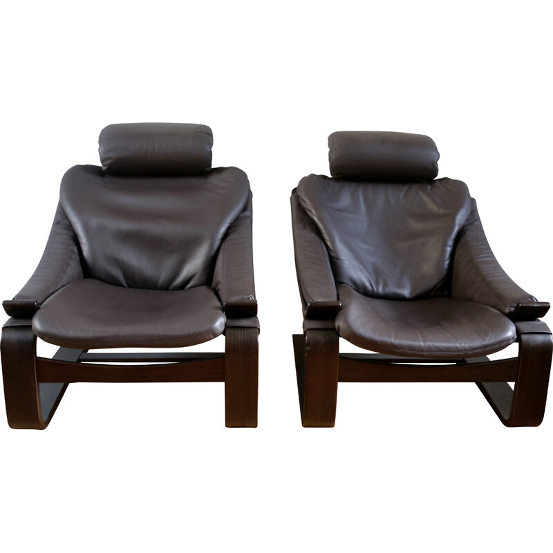 Pair of vintage Kroken leather armchairs by Ake Fribyter for Roche Bobois, France
