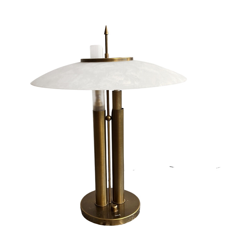 Vintage table lamp in brushed brass and opaline glass for TZ Schmitz Leuchten, Germany 1980