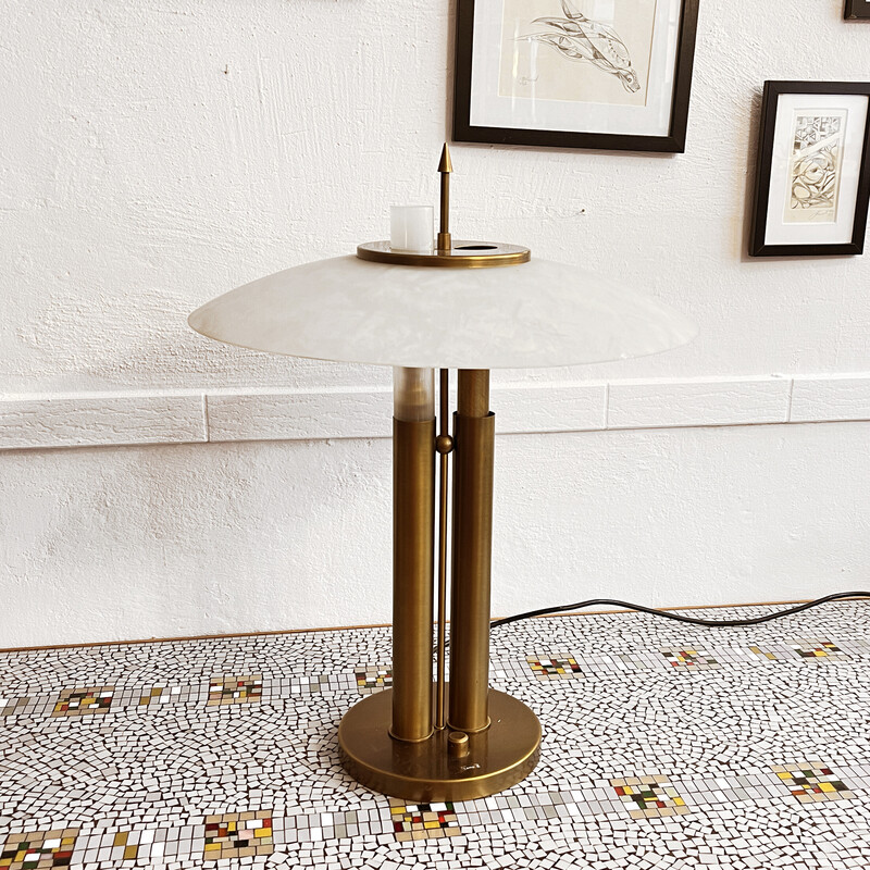 Vintage table lamp in brushed brass and opaline glass for TZ Schmitz Leuchten, Germany 1980