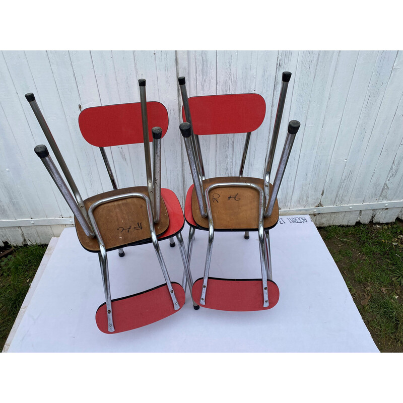 Set of 4 vintage chairs in red formica and chrome steel, 1960