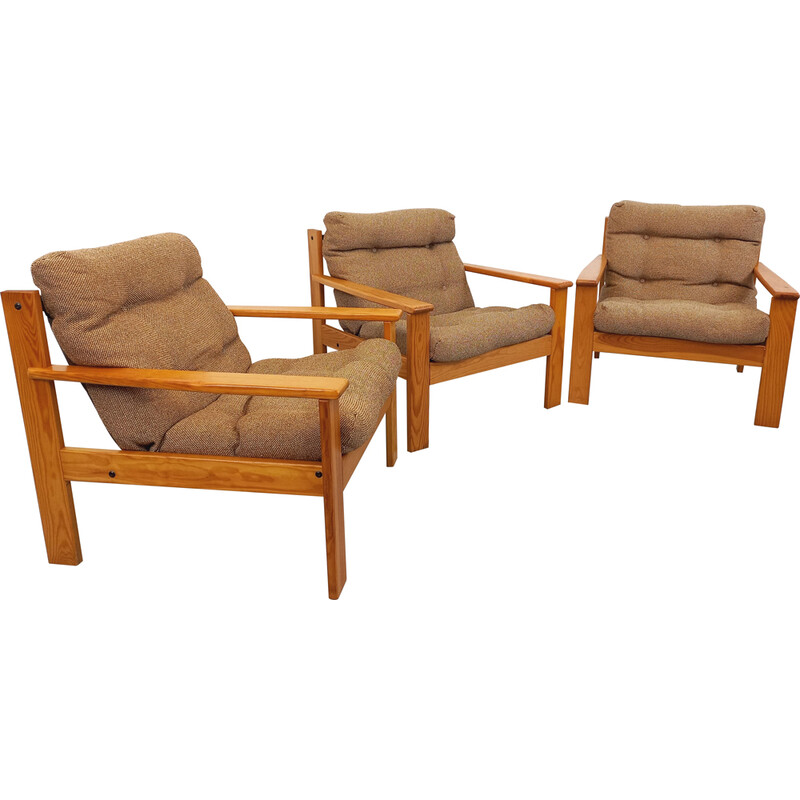 Set of 3 vintage armchairs in pine wood and wool fabric, 1970