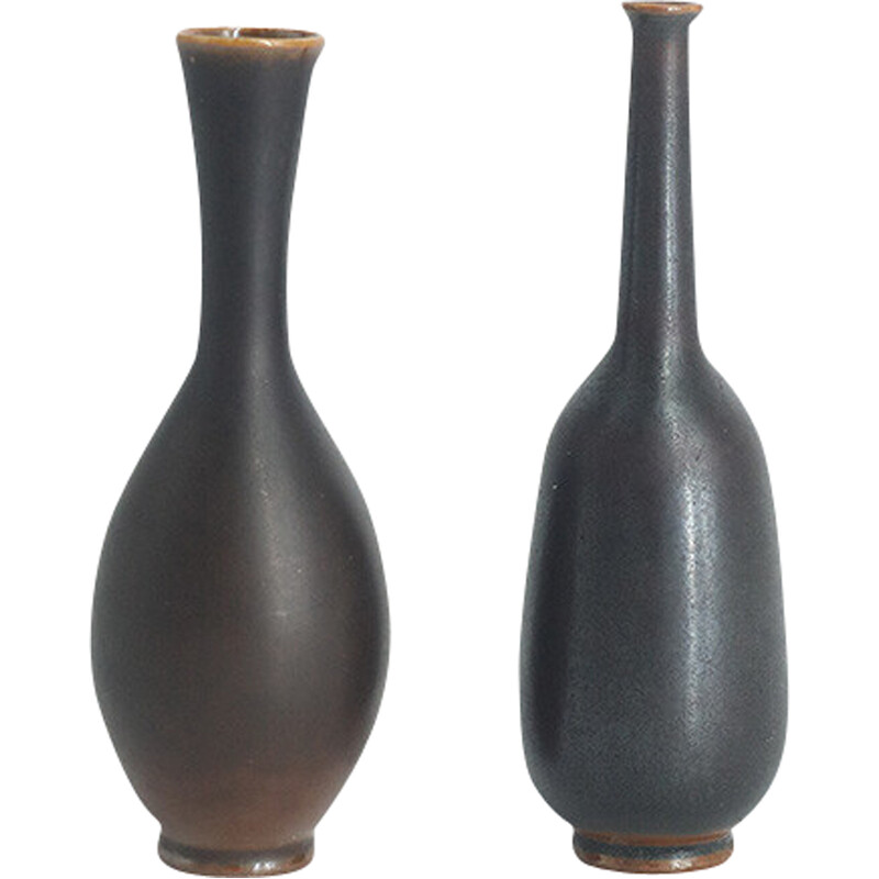 Paire de vases de collection vintage en grès Wengé par John Andersson pour  Höganäs Ceramics, Suède