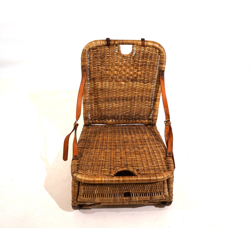 Chaise de plage vintage en rotin et cuir marron, Angleterre 1940