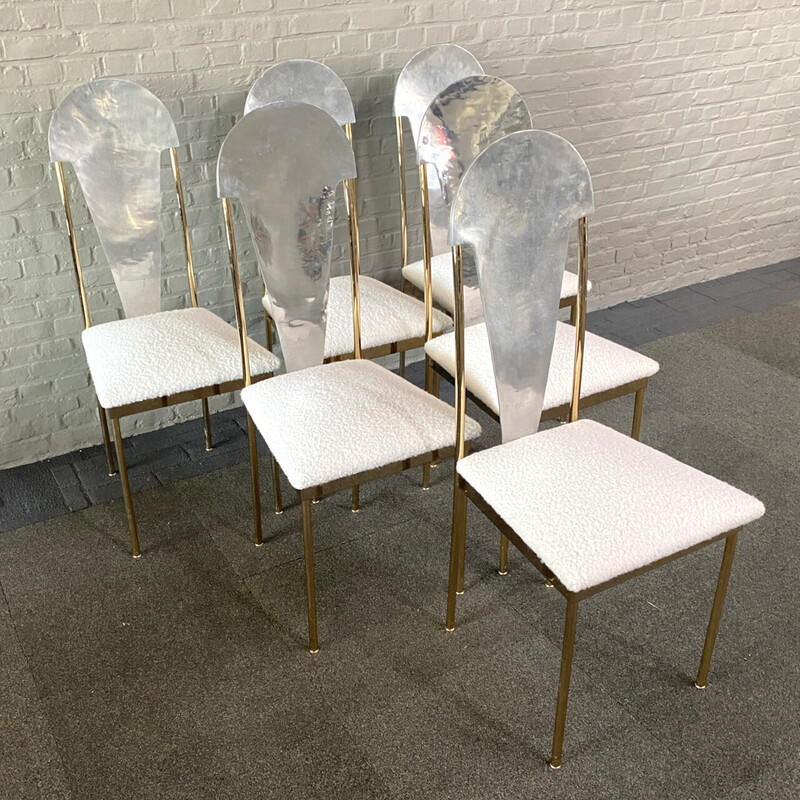 Set of 6 vintage dining chairs in gilded brass and aluminum, Belgium 1980