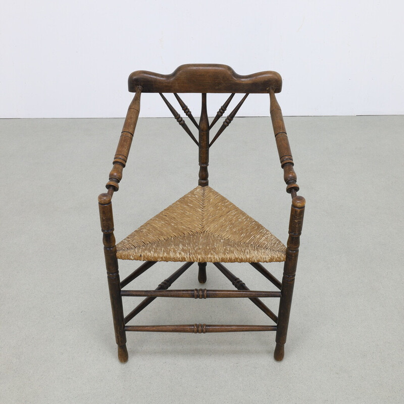 Vintage tripod corner chair in oak and rush, Netherlands
