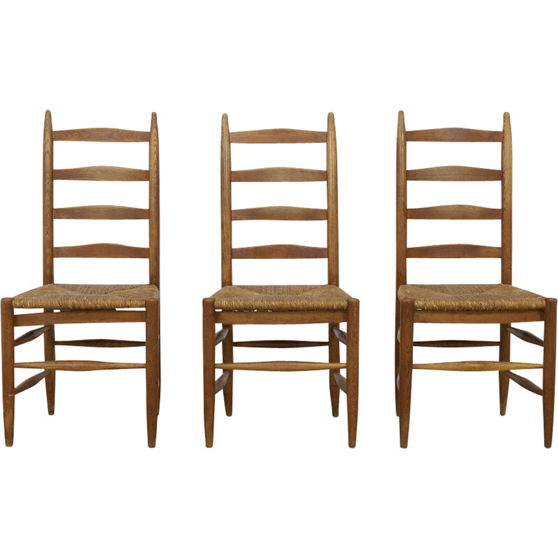 Set of 3 vintage ladder chairs in oak and rush, 1960