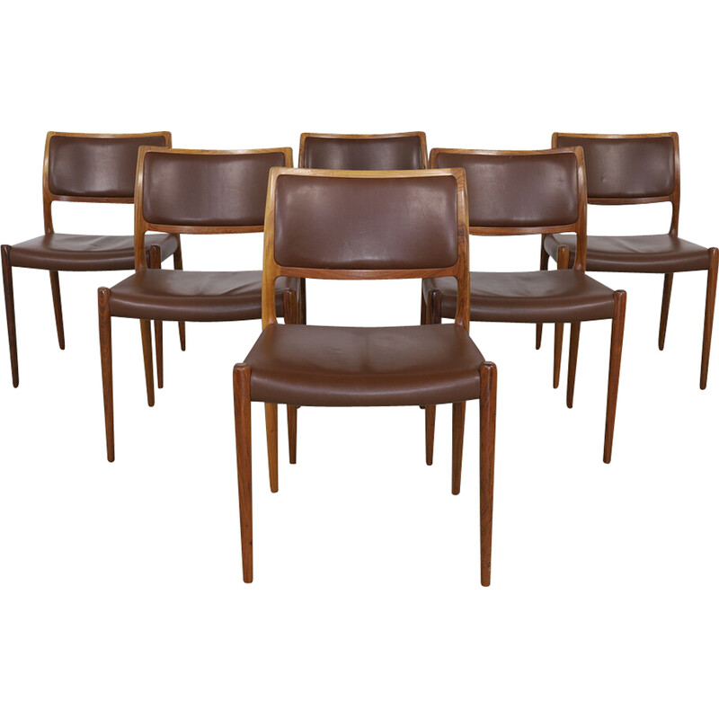 Set of 6 vintage model 80 leather dining chairs by Niels Otto Møller for  J.L. Møllers Møbelfabrik, 1960