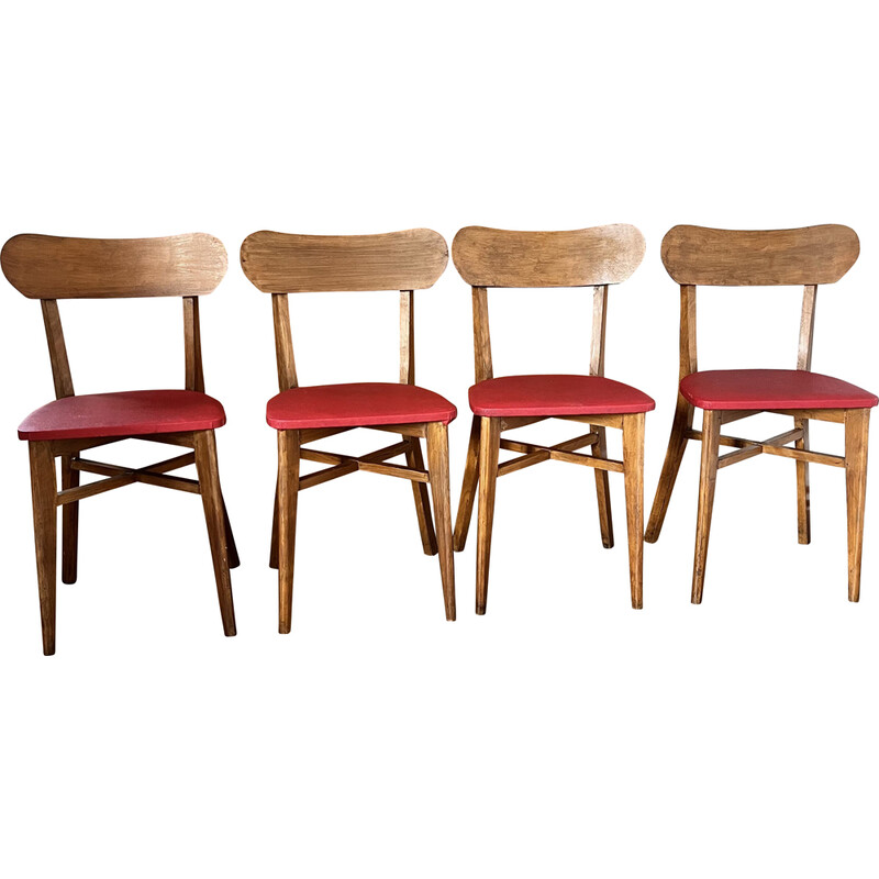 Ensemble de 4 chaises vintage en bois et vinyle rouge