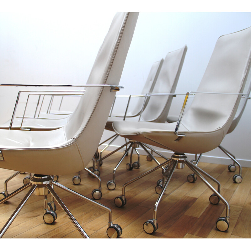 Lot de 8 fauteuils de bureau vintage Comet en aluminium chromé et cuir teinté beige pour Lammhults
