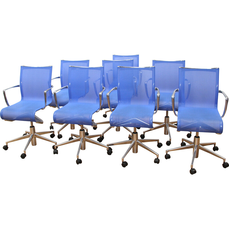 Lot de 8 fauteuils de bureau vintage RollingFrame en plastique bleu et aluminium chromé pour Alias