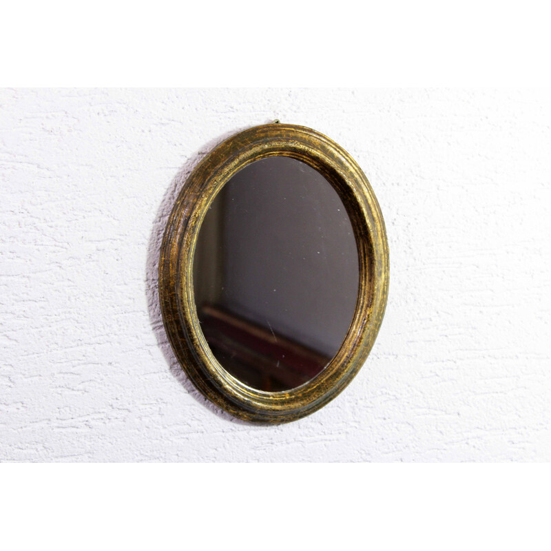 Miroir vintage ovale cadre en résine doré à feuille d'or, 1970