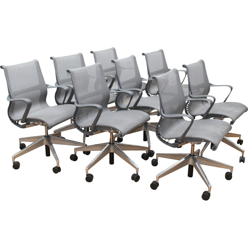 Lot de 8 fauteuils de bureau vintage Setu en métal et résille gris par Herman Miller
