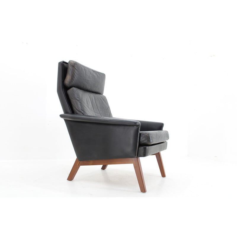 Vintage fauteuil met hoge rugleuning in leer en teak, Denemarken 1970