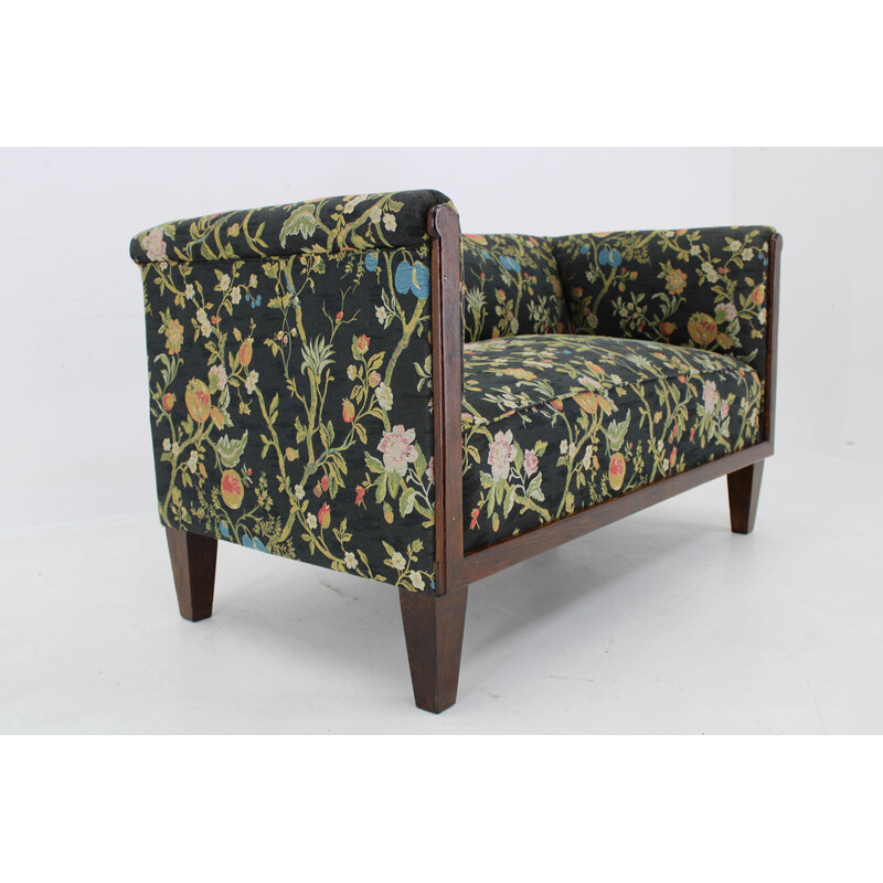 Canapé 2 places vintage Art Déco en bois de chêne et tissu à motif floral, Tchécoslovaquie 1930