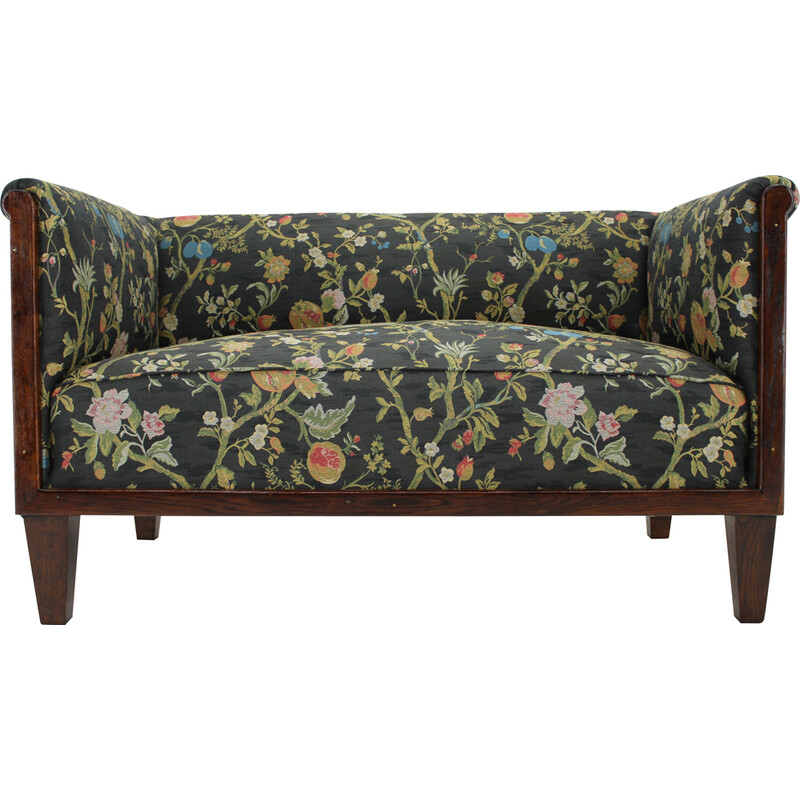 Canapé 2 places vintage Art Déco en bois de chêne et tissu à motif floral, Tchécoslovaquie 1930