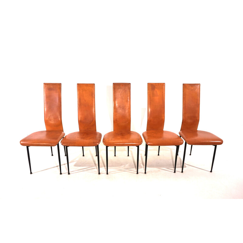 Satz von 5 Fasem S44 Esszimmerstühlen aus Metall und Leder von Giancarlo Vegni und Gualtierotti, 1970