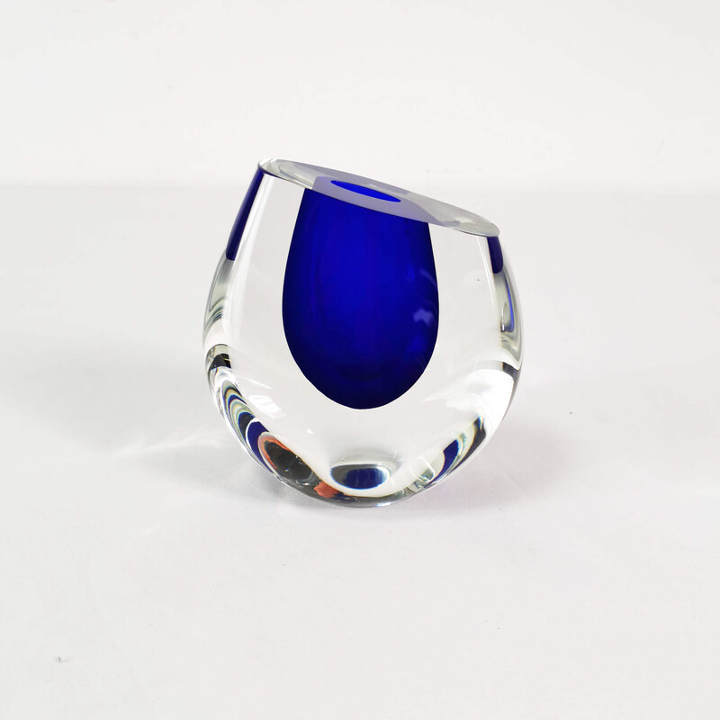 Vintage thick glass vase with cobalt blue accent, Italy 1970