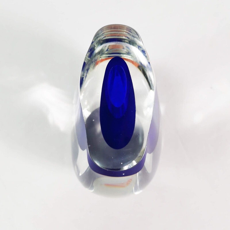 Jarrón vintage de cristal grueso con acento azul cobalto, Italia 1970