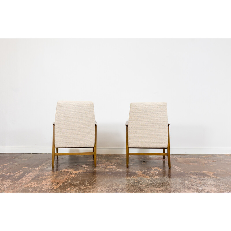 Pair of vintage armchairs in solid wood and fabric, Poland 1960