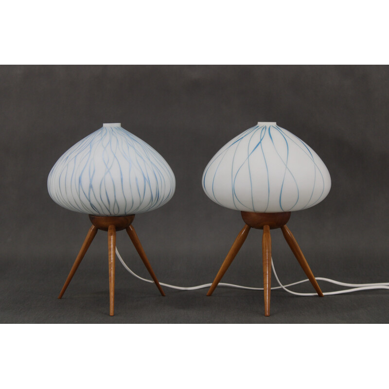 Pair of vintage table lamps in beech wood and glass for Uluv, Czechoslovakia 1960